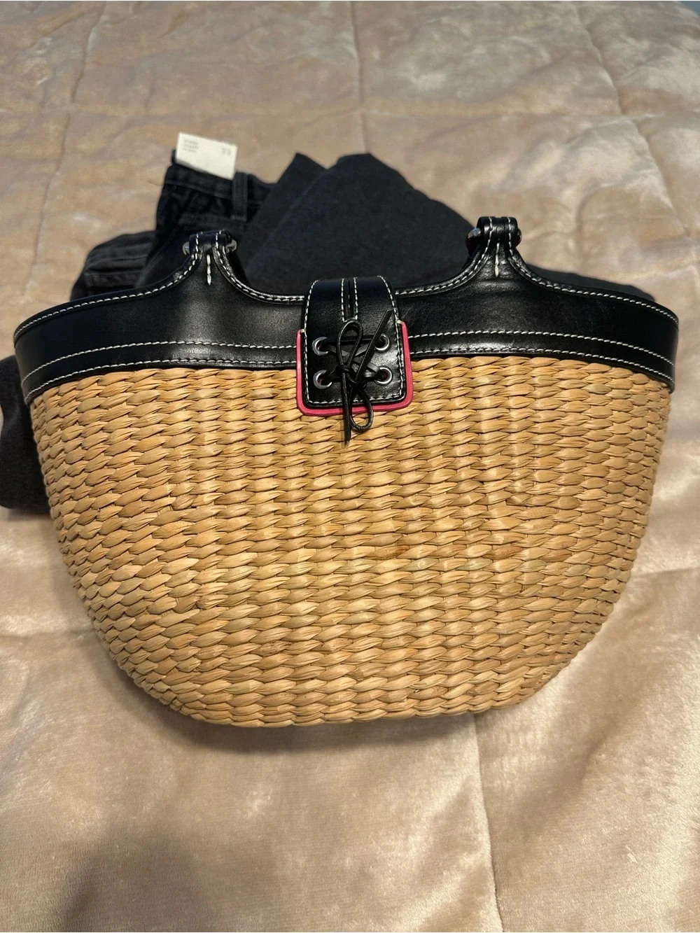 Coach SoHo Woven Straw Tote with Black Leather Trim and Pink Interior